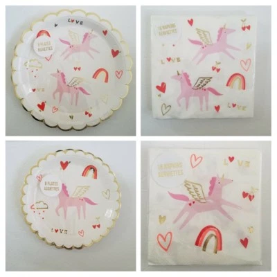Valentines Meri Meri UNICORN Set of 8 Paper Plates 8 Dessert Dinner Bev Napkins  - Image 1 of 4