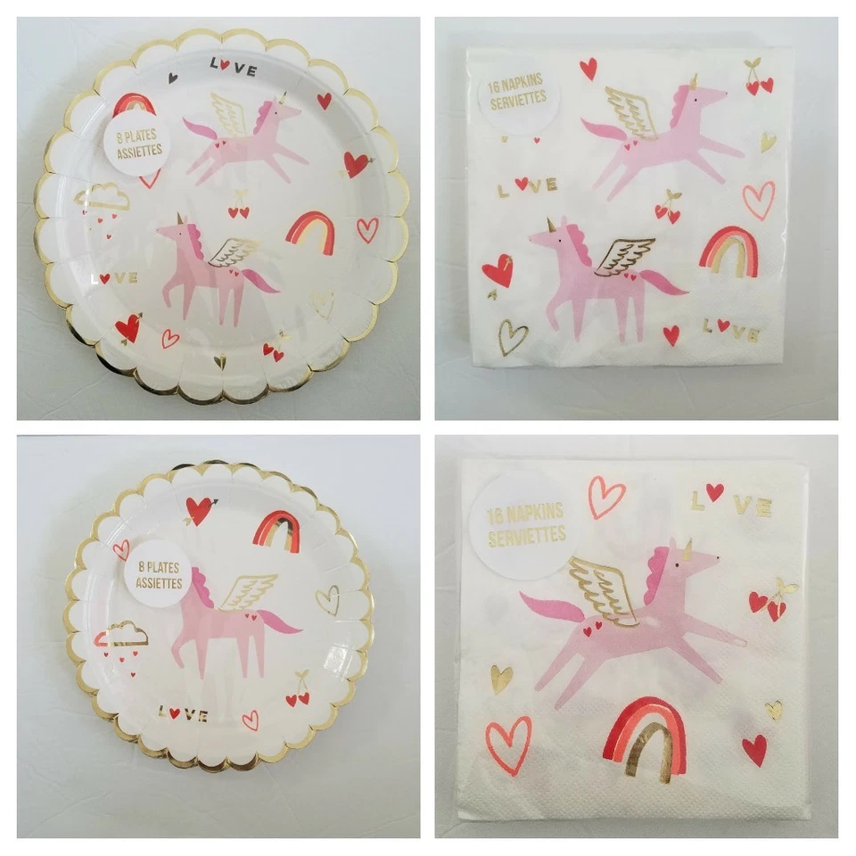 Valentines Meri Meri UNICORN Set of 8 Paper Plates 8 Dessert Dinner Bev Napkins  - Image 1 of 4