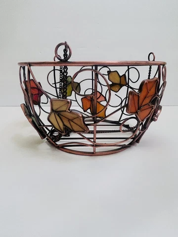 Vintage Metal Hanging Basket With Stain Glass Cover