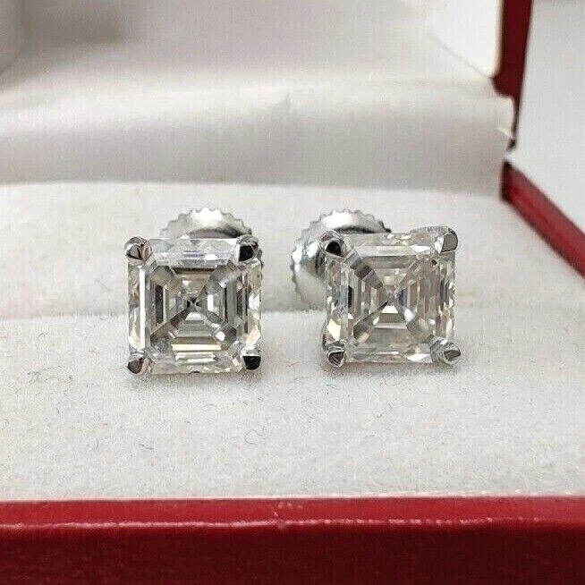 925 Silver Screw Back Earring 2Ct Asscher Cut White Moissanite Solitaire Earring - Image 1 of 4