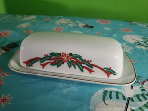 Poinsettia and Ribbons Porcelain Holiday Butter Dish Christmas Dish Vintage - Picture 1 of 7