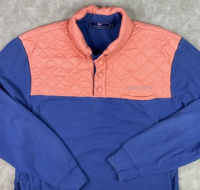 Vineyard Vines Sweater 1/4 Snap Pullover Hooded Quilted Blue Orange Men Sz L - Image 1 of 4