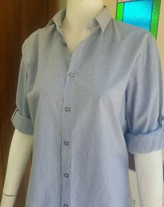 SISLEY Mens Shirt Sz LARGE / 42 BLUE CHECK Long Adjustable Button Up Sleeve - Picture 1 of 12