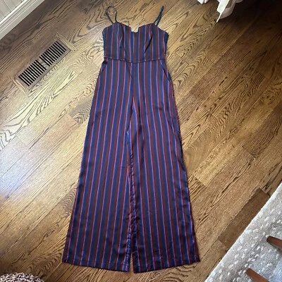 Exuberante Mono a Rayas con Alambres en V Pierna Ancha Corsé Azul Marino/Púrpura/Marate Pequeño Foto 1 de 4