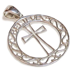 Sterling Silver "Believe" Cross In Filigree Circle Pendant - Picture 1 of 9