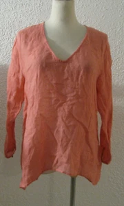 Eileen Fisher 100% Linen Orange Coral V Neck 3/4 Sleeve Loose Knit Shirt Small - Picture 1 of 4
