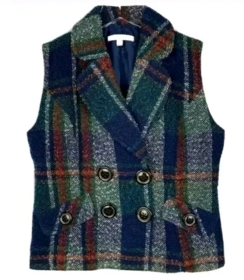 Chaleco CAbi Azul Tartán Tweed Doble Pecho Oscuro Academia Preppy Mediano NUEVO Foto 1 de 4