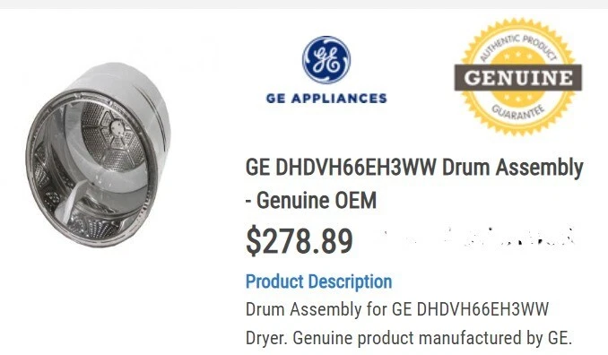 GE Adora Dryer Drum Assmbily and power board. used item DHDVH66EH3WW PARTS ONLY. - Image 1 of 1