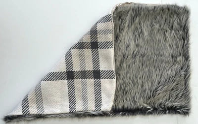 Pottery Barn Nottingham Plaid Faux Fur Pillow Cover 16 x 26” Ivory Gray - Image 1 of 4