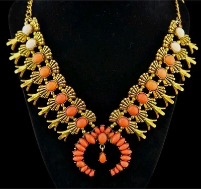 CHARMING CHARLIE Squash Blossom Necklace Orange Acrylic Gold Tone Jewelry 24-26" - Image 1 of 4