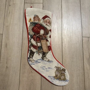 Vintage Nadelspitze Weihnachtsstrumpf Weihnachtshase Kaninchen rot Samtrücken Wolle - Bild 1 von 7