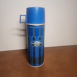 Vintage Blue Black Striped King Seeley Metal Thermos Bottle - Picture 1 of 14
