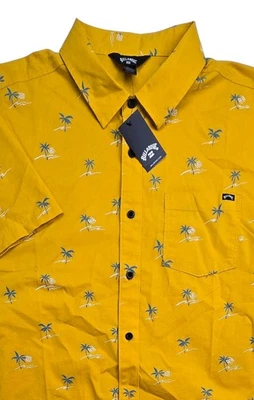 Billabong Shirt Mens Medium Yellow Hawaiian Palms Waves Graphic Beach Surfing - Image 1 of 4