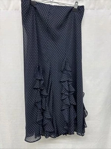 Chaps Chiffon Polka Dot Skirt M Navy White Asymmetrical Ruffle Hem Rockabilly - Picture 1 of 4