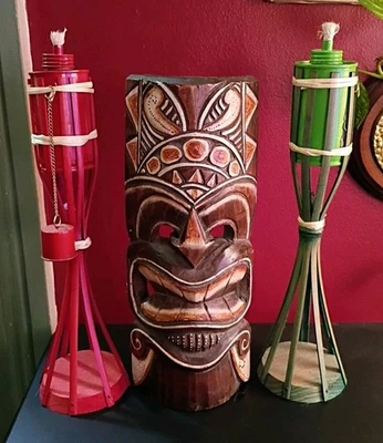 Маска Тики 13 дюймов и 14 дюймов столешница зеленые и красные факелы комплект для баров Tikki - Изображение 1 из 4