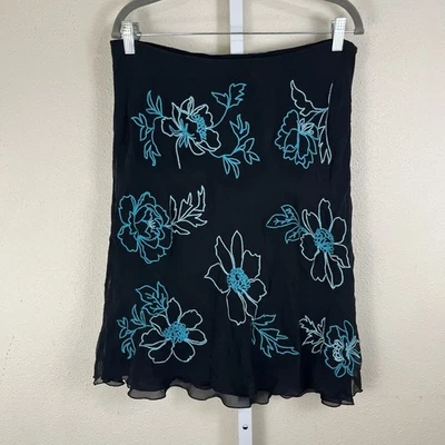 Saia bordada floral de seda vintage Y2K comprimento do joelho grande Karen Kane - Imagem 1 de 4