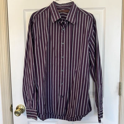 PERRY ELLIS Men’s Large Button Down Dress Shirt Stripe 100% Cotton Gray & Purple - Image 1 of 4
