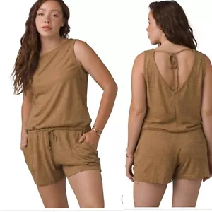 Prana Sylvie Shorts Romper Butterscotch Stripe Wm XS Pocket Back Tie Logo Hemp - Picture 1 of 9
