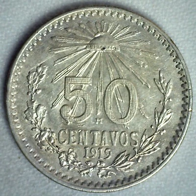 1919 Mexico Silver 50 Centavos Coin Almost Uncirculated Libertad Liberty Cap  - Image 1 of 2