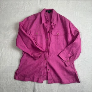Lauren Ralph Lauren Magenta Pink Pockets Button Down Linen Shirt Womens Medium - Picture 1 of 6