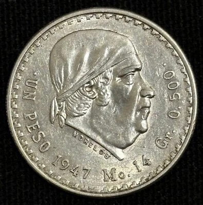 1947 Mo MÉXICO Guerra da Independência Herói José Maria Morelos Moeda Peso PRATA - Imagem 1 de 2