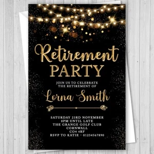 PERSONALISED RETIREMENT PARTY INVITATIONS INVITES BLACK GOLD HIM OR HER 10 PACK - Picture 1 of 1