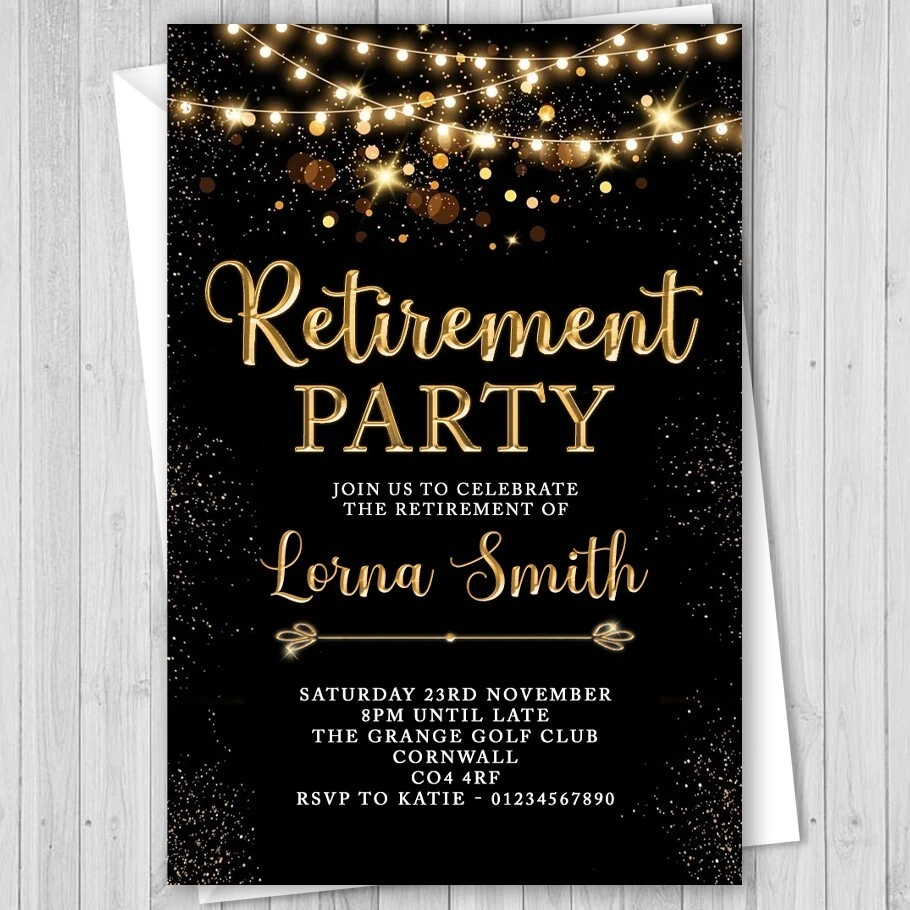PERSONALISED RETIREMENT PARTY INVITATIONS INVITES BLACK GOLD HIM OR HER 10 PACK - Image 1 of 1