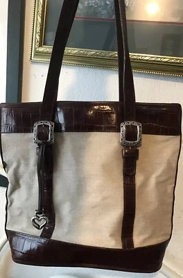 BRIGHTON Fivelas de Prata Resistentes Vintage Lona e Couro LG TOTE Bolsa Satchel - Imagem 1 de 4