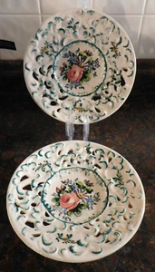 Pair Hand Painted 8" Floral Reticulated Plates Made in Italy 1380/A - Picture 1 of 9