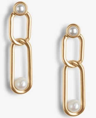 $35 lucky brand earrings gold tone imitation pearl link drop post back LJ1c - Image 1 of 2