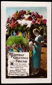 Woman Reading A Book Birthday Greetings Friend RP Postcard - Picture 1 of 2