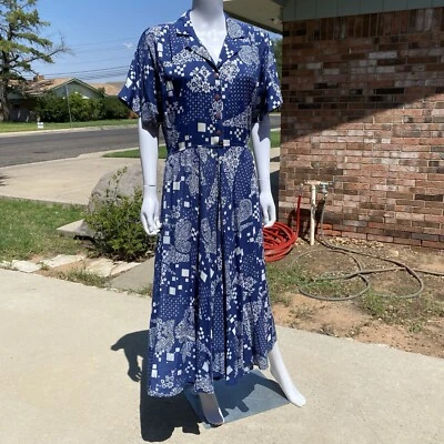 Maxi Vestido Años 90 Y2K Karin Stevens Azul Estampado Bandana Manga Corta Talla 4 Western Foto 1 de 4
