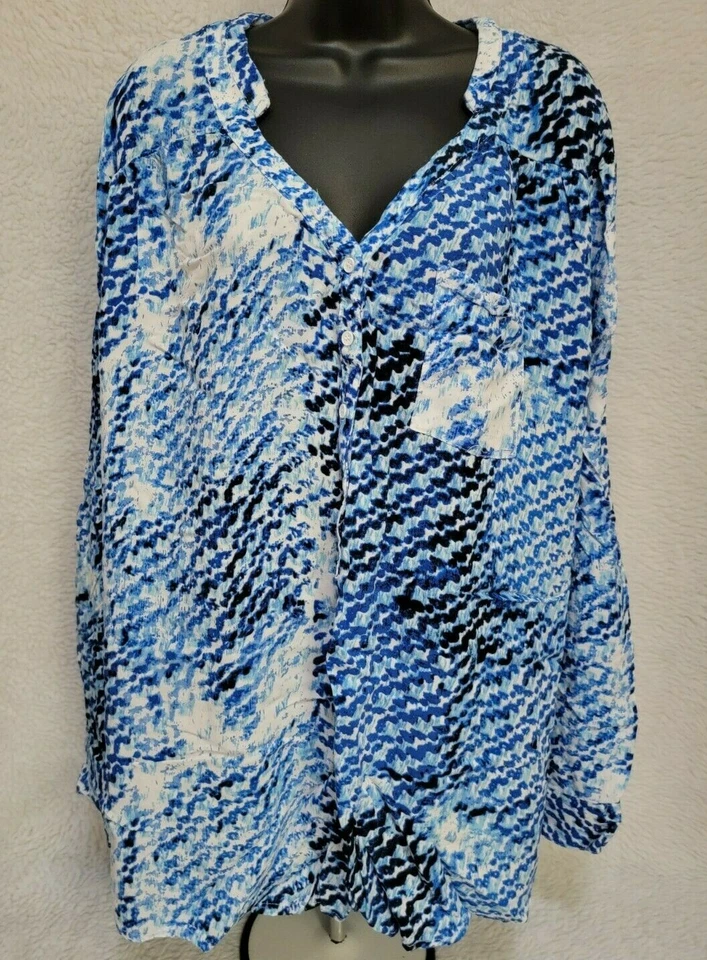 Faded Glory Womens Shirt Top Blouse Size 3X 22W/24W White Blue - Image 1 of 4