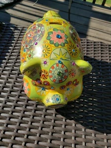 Vintage Piggy Bank Flower Embellished Ceramic HandPainted Boho 14”x 6” LG Hippie - Picture 1 of 9