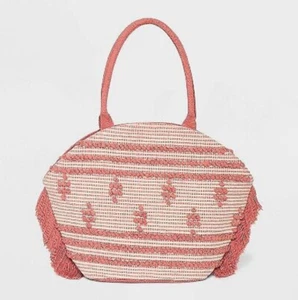 Straw Fringe Tote Handbag - Shade & Shore Rose Pink - Picture 1 of 5