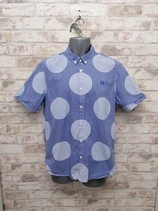 Fred Perry Blue Gingham Shirt Short Sleeve Circles of Pale Blue Size UK M - Picture 1 of 8