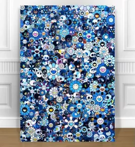 TAKASHI MURAKAMI- SKULL FLOWERS CANVAS PRINT 24x18" JAPANESE POP ART BLUE - Picture 1 of 1