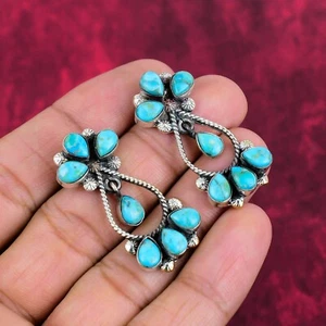 Tibetan Turquoise Gemstone Handmade 925 Sterling Silver Earrings Jewelry - Picture 1 of 4