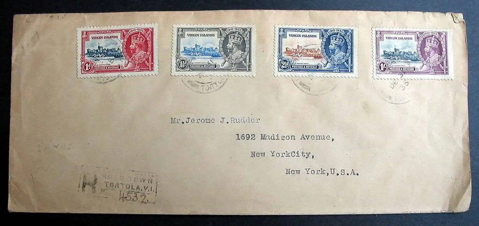 TORTOLA REGISTRADA JUBILEO PLATA 1935 ISLAS VÍRGENES BRITÁNICAS A EE. UU. Foto 1 de 1