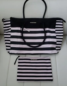 Victoria's Secret Black Pink Striped Duffel Travel Beach Tote Bag Cosmetic Pouch - Picture 1 of 12