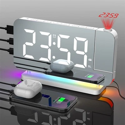 LED Digital Projector Rotatable Projection Snooze Alarm Clock FM Radio USB - Image 1 of 4