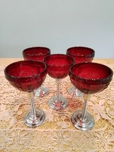 5er Set Art Deco / MCM Morgantown Royal Rubin Chrom Stiel Cocktail Bar Gläser - Bild 1 von 18