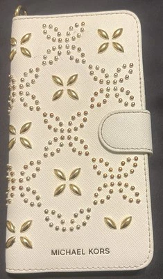 MICHAEL KORS BEADED IPHONE 7 CELL  FOLIO LEATHER CASE GOLDEN WHITE - Image 1 of 4