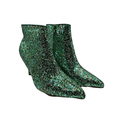 Women’s Sz 8 Green Glitter Ankle Booties Pointed Toe Zip Stiletto Heel Holiday - Image 1 of 4