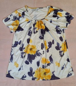 Kurzarmshirt Damen Größe XL weiß blau gelb Plissee Blumen Rundhalsausschnitt - Bild 1 von 7