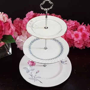 Handmade Pink & Silver 3-Tier Cake Stand Afternoon Tea Dessert Serving Tray - Picture 1 of 14