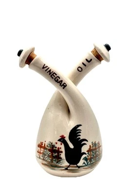 Gallo vintage de vinagre de aceite de cerámica doble cuello con tapones de corcho Foto 1 de 4