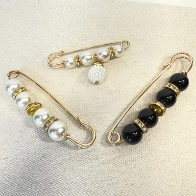 Safety Pin Brooch Set Faux Pearl Rhinestone Gold Tone Decorative Pins - Image 1 of 4