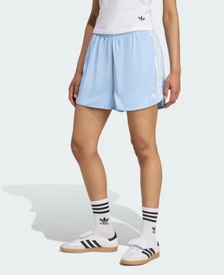 adidas Originals Satin Ruffle Shorts Womens Clear Sky Blue KC8817 Sz S 3 stripes - Image 1 of 4