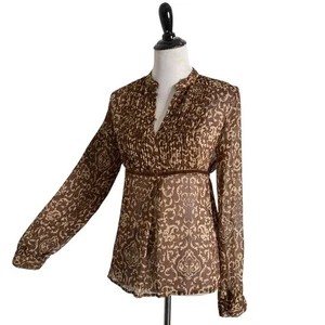 Apt. 9 Sheer Blouse Women Size M Brown Floral Long Sleeve Tie Back Pintuck Top - Picture 1 of 15